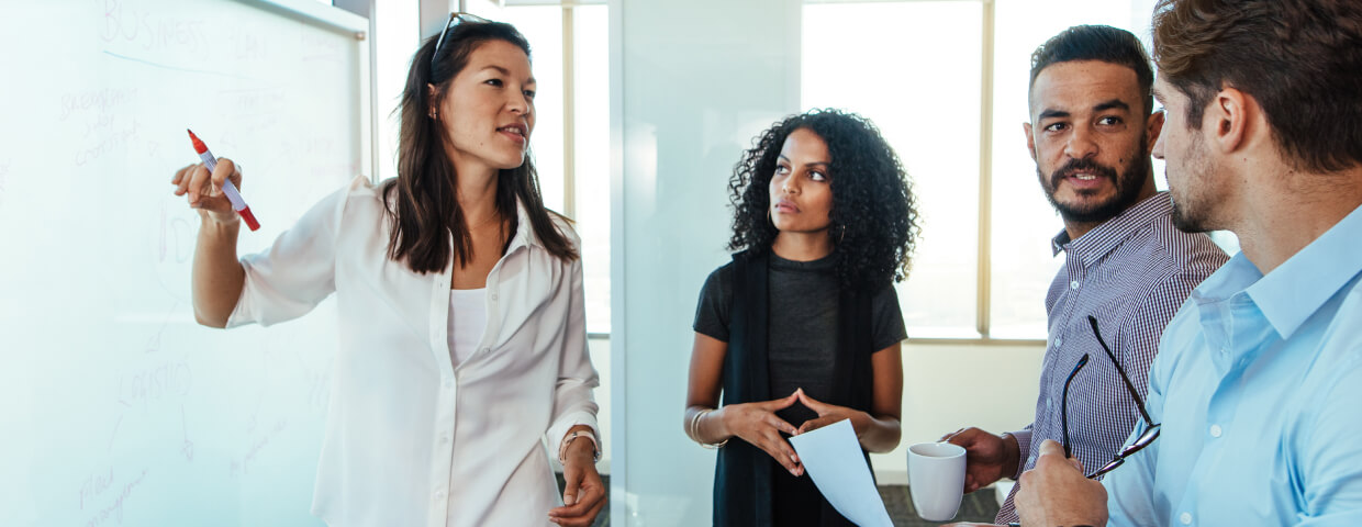 Group of people planning on a whiteboard